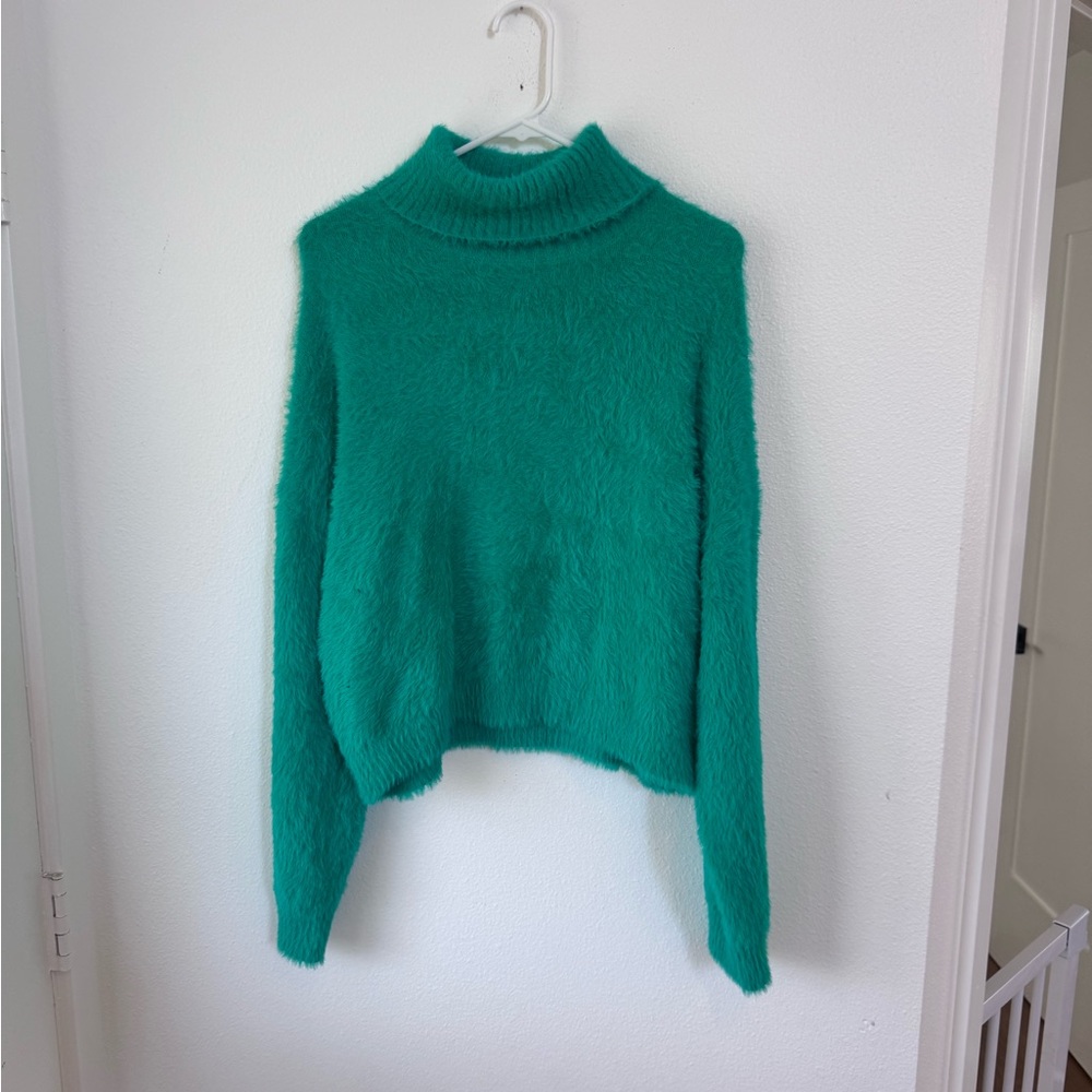 Mustard Seed Teal Green Fuzzy Turtleneck Sweater